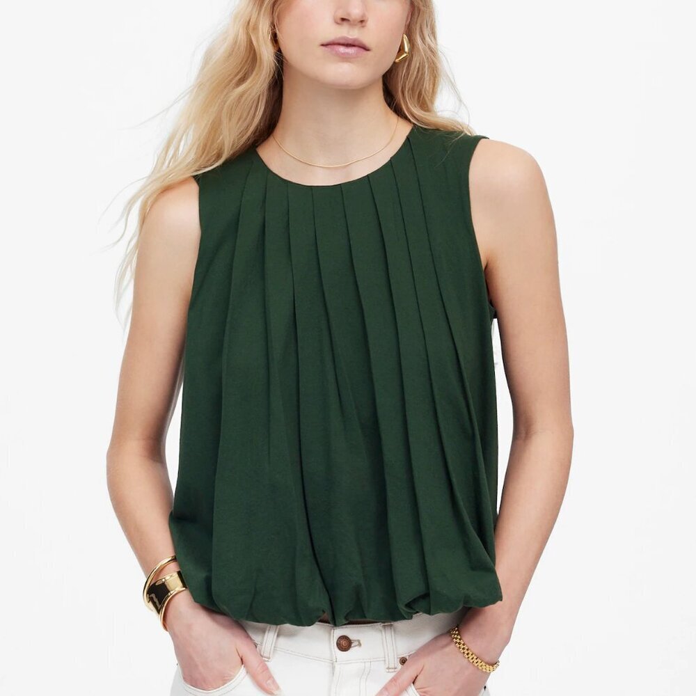 Madewell Forest Green Pleated Sleeveless Bubble Blouse